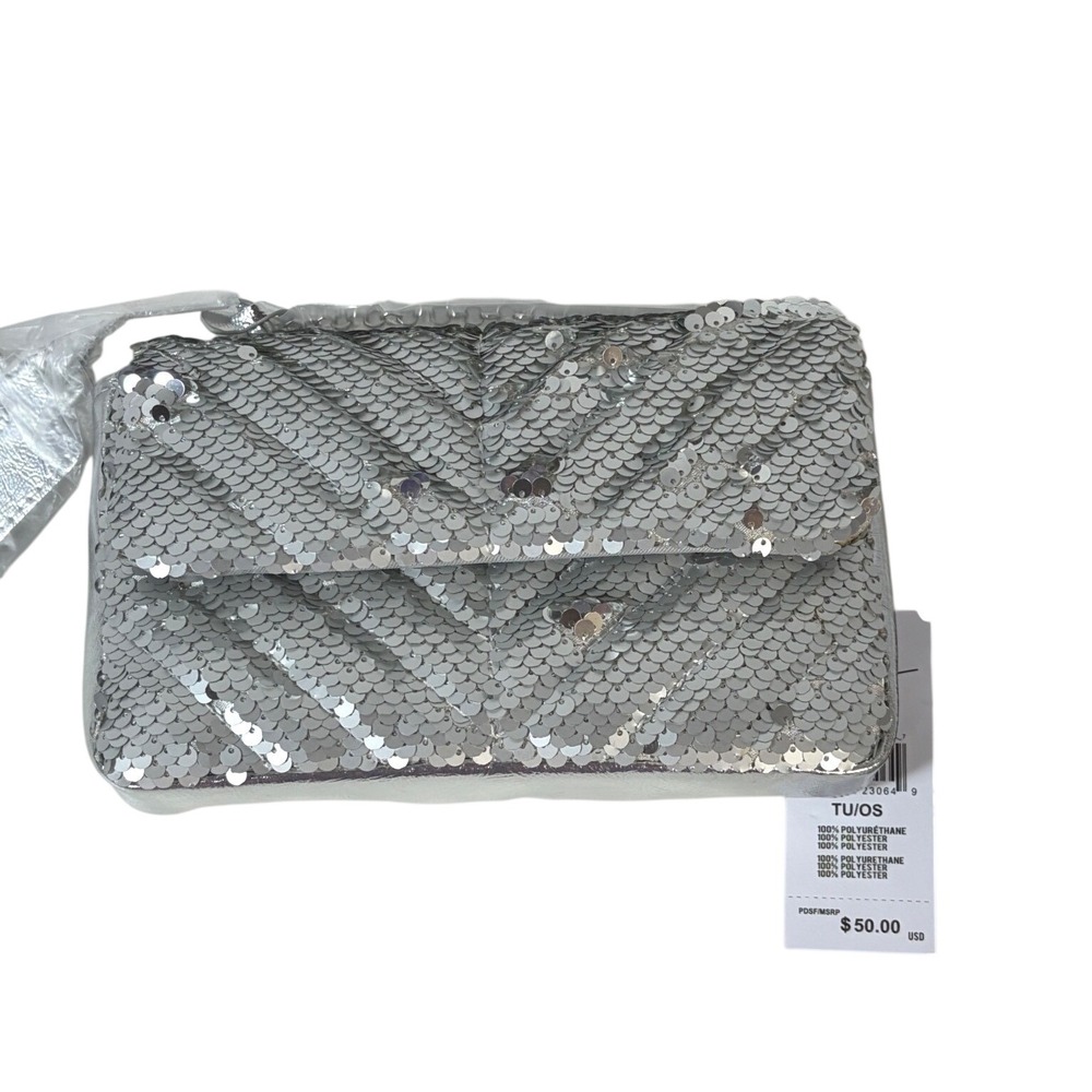NWT Nicole Miller Sequin Silver Shoulder Bag Evening Party Clutch 8" L X 5" H